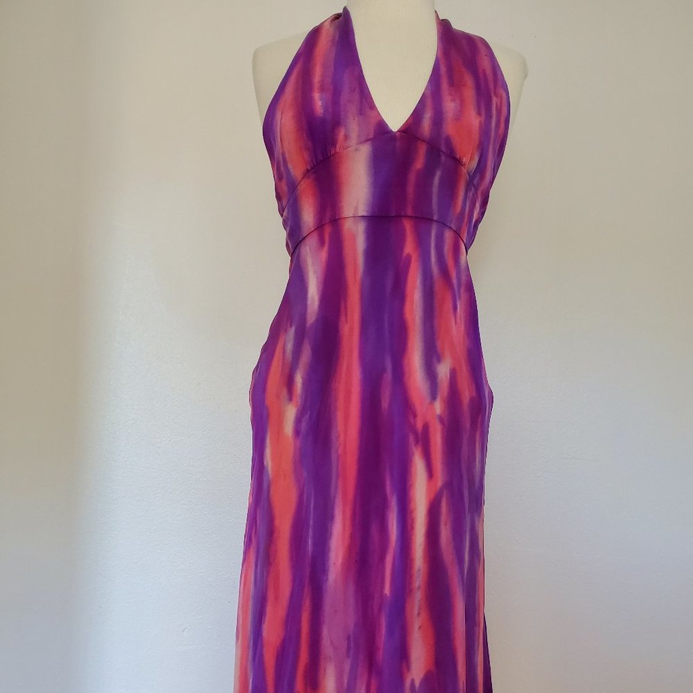 NEW Silk Short midi halter Dress bridesmaid party tie dye striped painted red